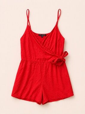 One Clothing Red Shorts Romper / Hot Red Spaghetti Strap Romper with Wrap Front